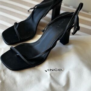 Vince Black Minimalist Strappy Block Heel Sandals